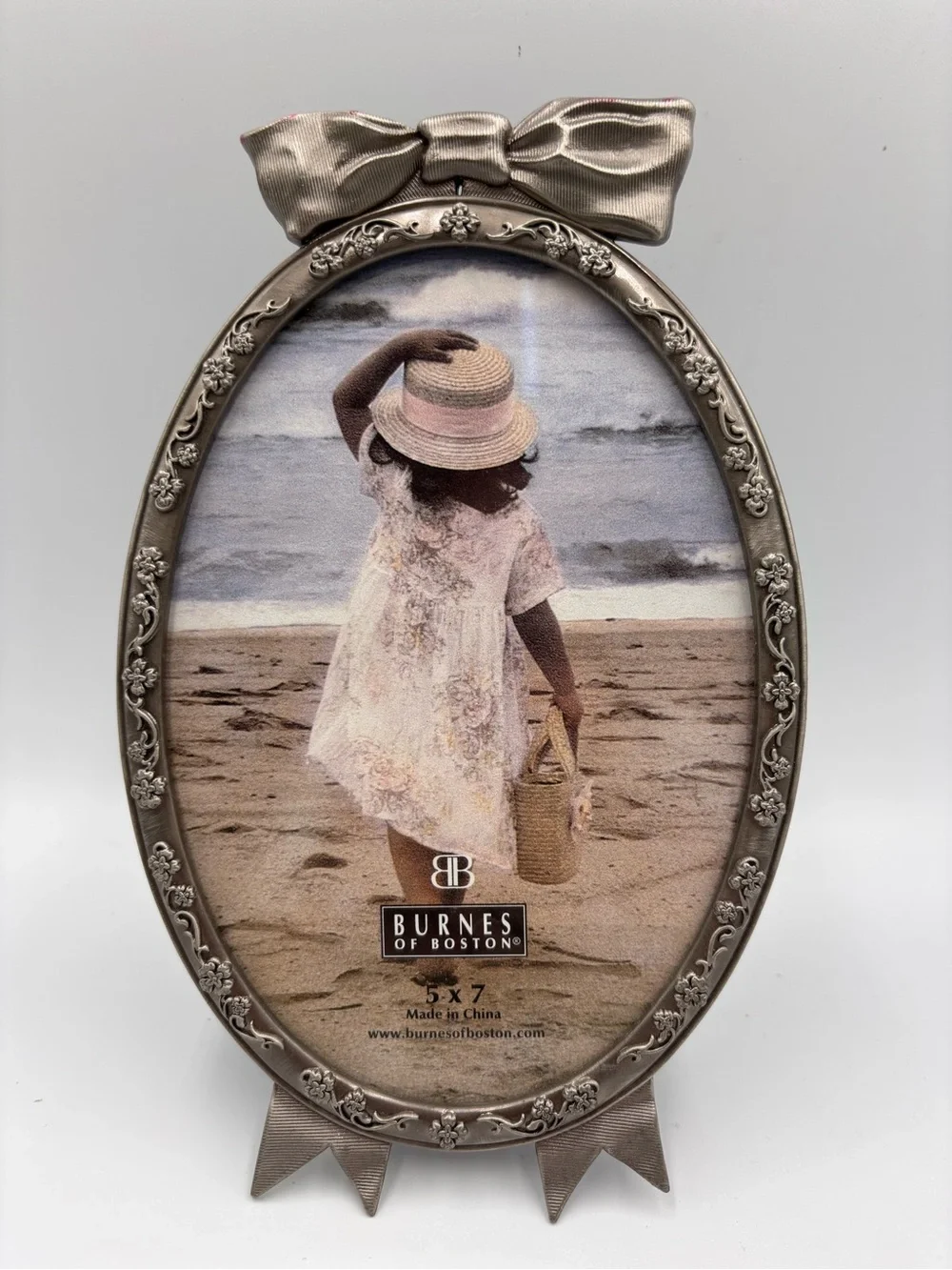 Vintage Burnes Of Boston “Bella Oval” 5 X 7 Pewter Picture Frame Floral Filigree